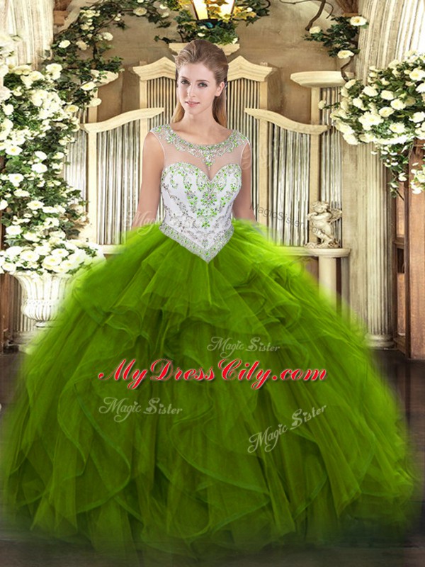 Adorable Tulle Scoop Sleeveless Zipper Beading and Ruffles Sweet 16 Dress in Green