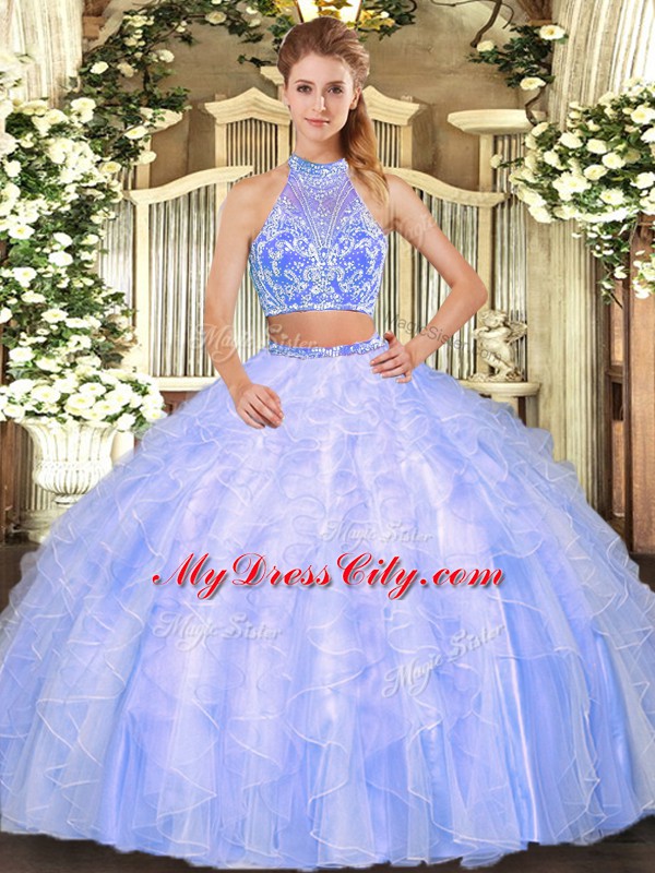 Halter Top Sleeveless Tulle Ball Gown Prom Dress Ruffles Criss Cross