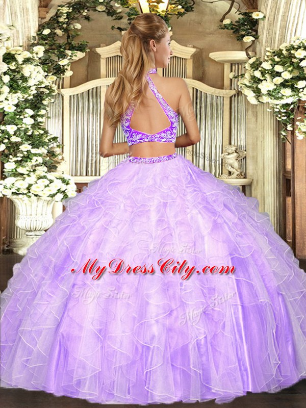 Halter Top Sleeveless Tulle Ball Gown Prom Dress Ruffles Criss Cross