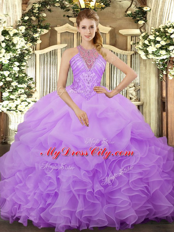 Lavender Ball Gowns Organza Halter Top Sleeveless Beading and Ruffles and Pick Ups Floor Length Lace Up Quince Ball Gowns