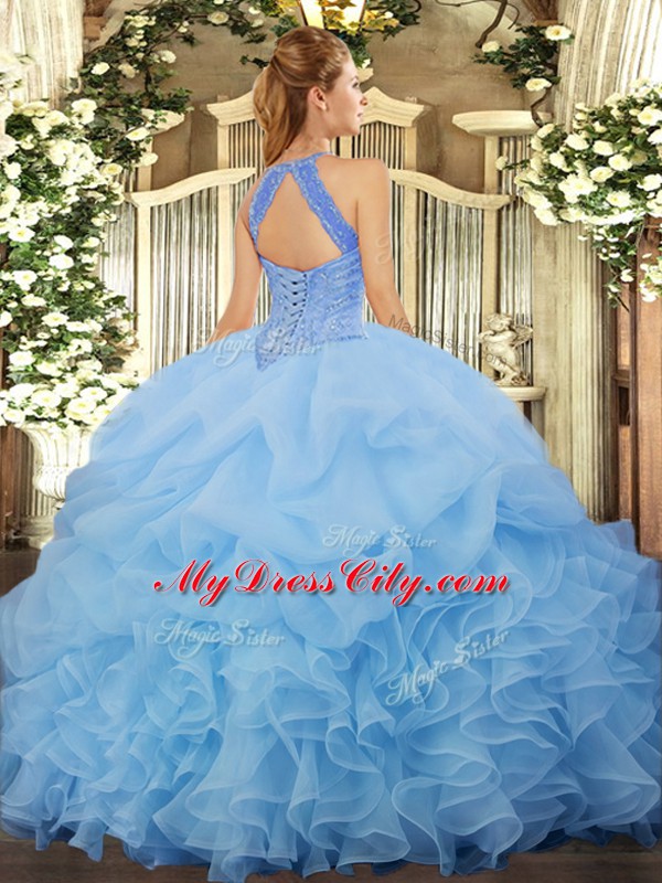 Lavender Ball Gowns Organza Halter Top Sleeveless Beading and Ruffles and Pick Ups Floor Length Lace Up Quince Ball Gowns