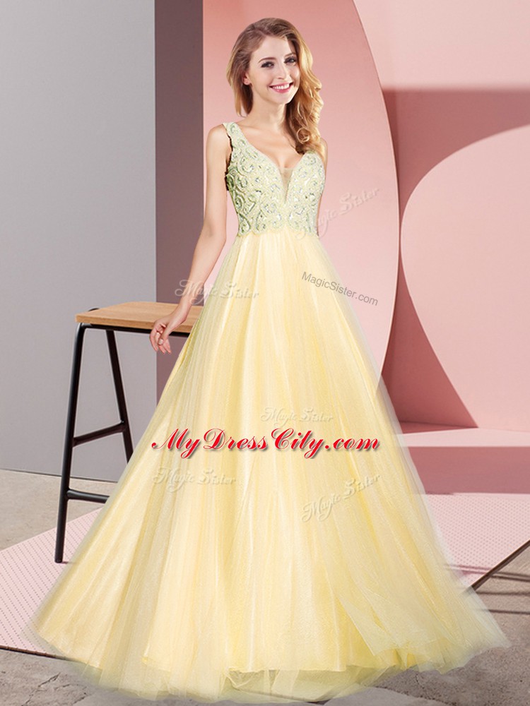 Suitable Floor Length Zipper Evening Dress Gold for Prom and Party with Lace