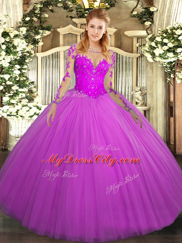 Custom Design Fuchsia Scoop Neckline Lace Quinceanera Dresses Long Sleeves Lace Up