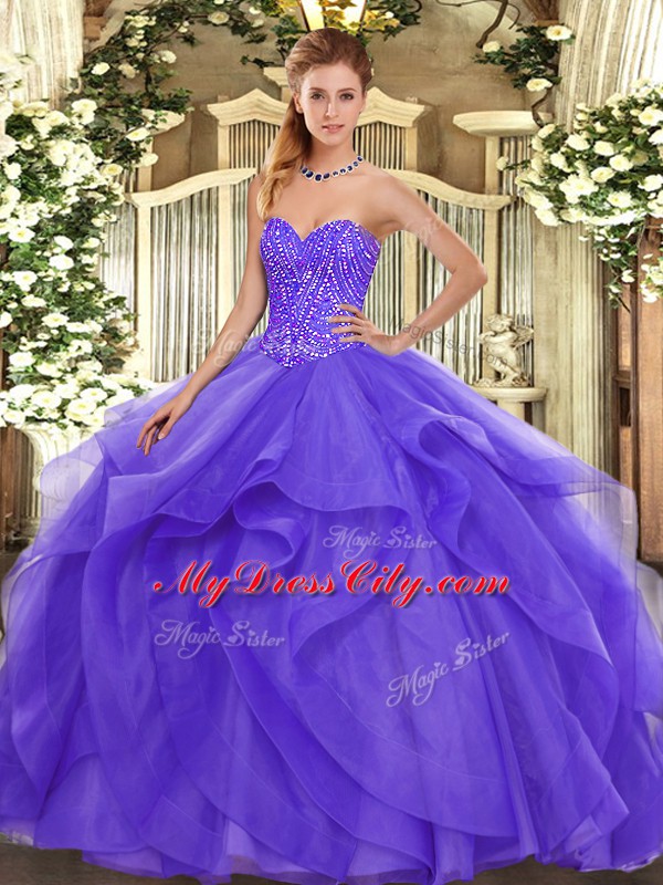 Tulle Sweetheart Sleeveless Lace Up Beading and Ruffles Sweet 16 Dresses in Lavender