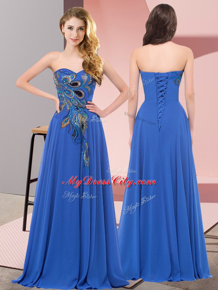 Hot Sale Sleeveless Lace Up Floor Length Embroidery Prom Evening Gown