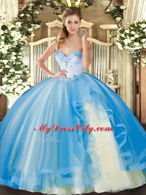 Baby Blue Sweetheart Lace Up Beading and Ruffles 15th Birthday Dress Sleeveless