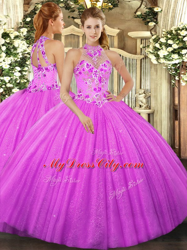 Elegant Fuchsia Ball Gowns Halter Top Sleeveless Tulle Floor Length Lace Up Beading and Embroidery Quinceanera Dresses