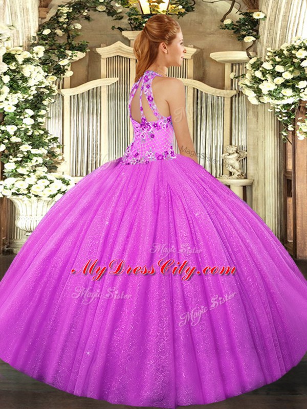 Elegant Fuchsia Ball Gowns Halter Top Sleeveless Tulle Floor Length Lace Up Beading and Embroidery Quinceanera Dresses