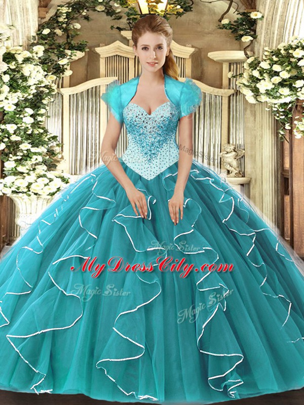 Most Popular Teal Sleeveless Floor Length Beading Lace Up 15 Quinceanera Dress