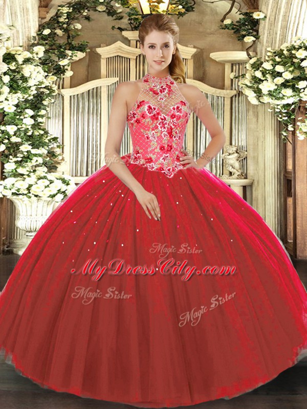 Red Ball Gowns Embroidery Ball Gown Prom Dress Lace Up Tulle Sleeveless Floor Length