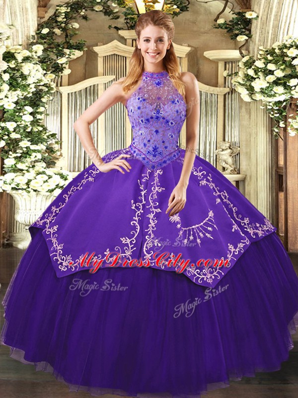 Custom Made Purple Lace Up Halter Top Beading and Embroidery 15th Birthday Dress Tulle Sleeveless