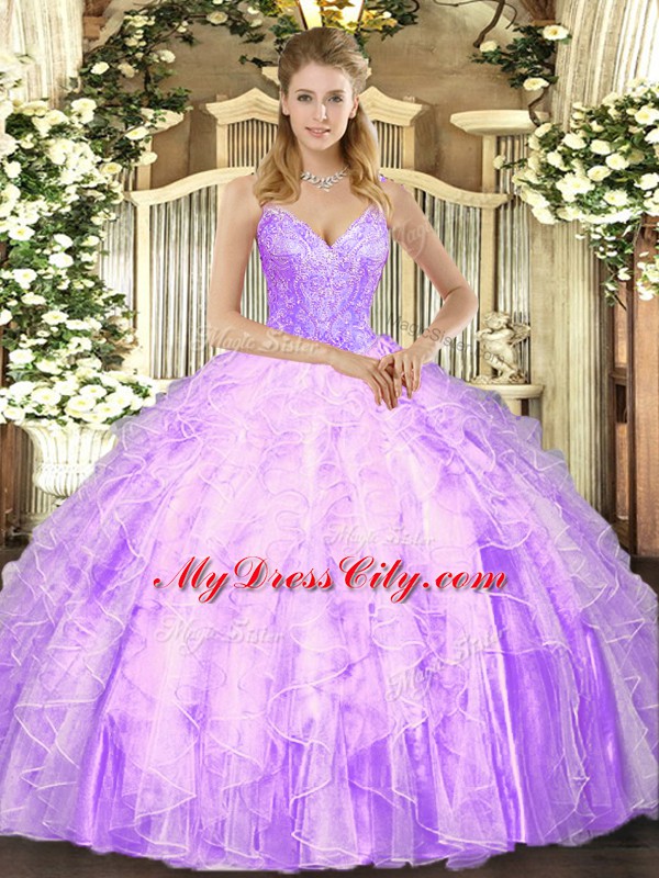 Ideal Tulle Sleeveless Floor Length 15th Birthday Dress and Beading and Ruffles