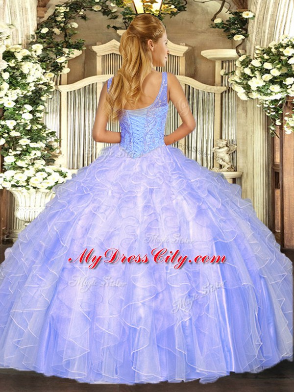 Ideal Tulle Sleeveless Floor Length 15th Birthday Dress and Beading and Ruffles