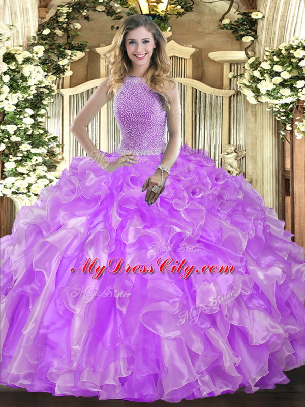 Lavender Sleeveless Beading and Ruffles Floor Length Sweet 16 Dress