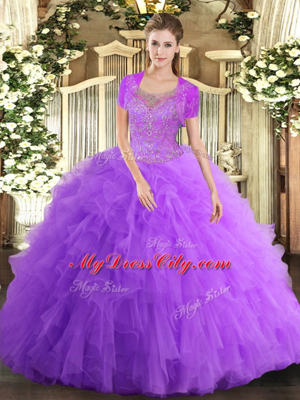 Lavender Ball Gowns Tulle Scoop Sleeveless Beading and Ruffled Layers Floor Length Clasp Handle 15 Quinceanera Dress