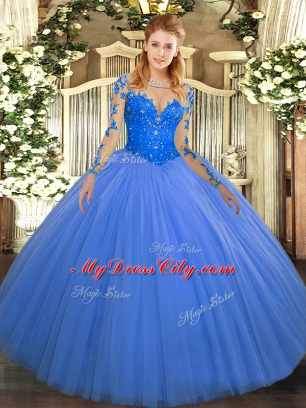 Blue Scoop Lace Up Lace Sweet 16 Dress Long Sleeves