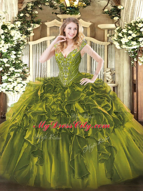 Edgy Floor Length Ball Gowns Sleeveless Olive Green Quinceanera Dresses Lace Up