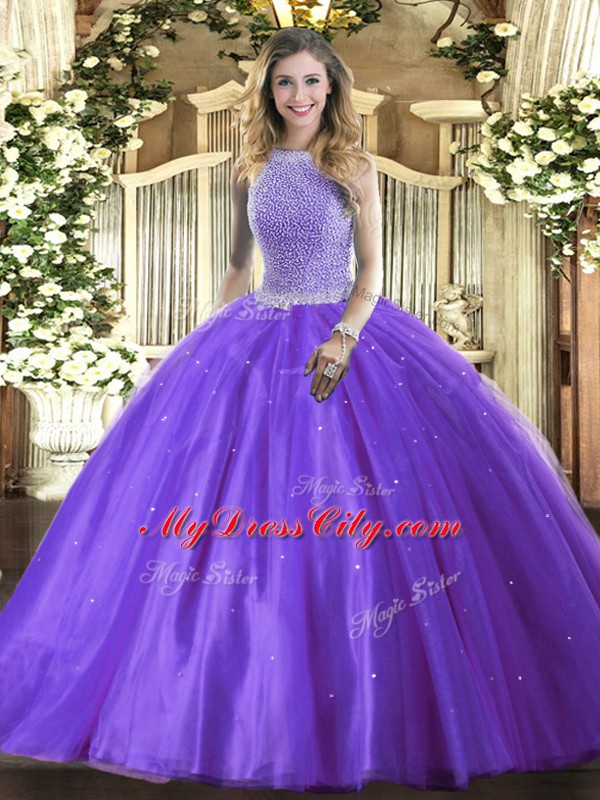 Dramatic Lavender Ball Gowns High-neck Sleeveless Tulle Floor Length Lace Up Beading Quince Ball Gowns