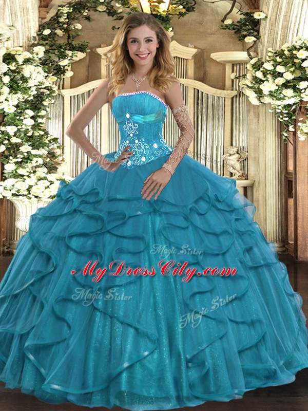 Superior Strapless Sleeveless Lace Up Quinceanera Dress Teal Tulle