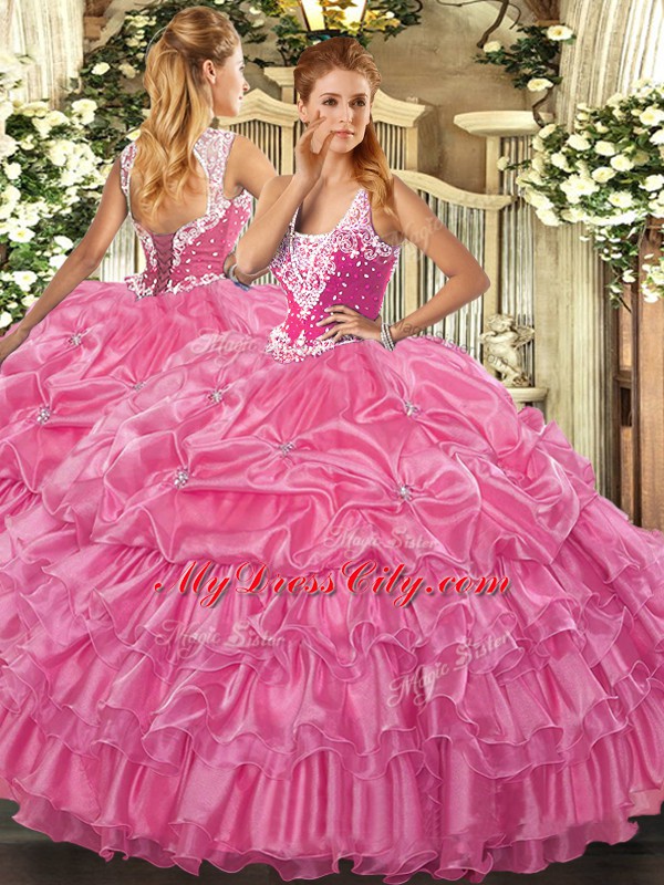 Sleeveless Organza Floor Length Lace Up Quinceanera Dresses in Rose Pink with Beading and Ruffled Layers and Pick Ups