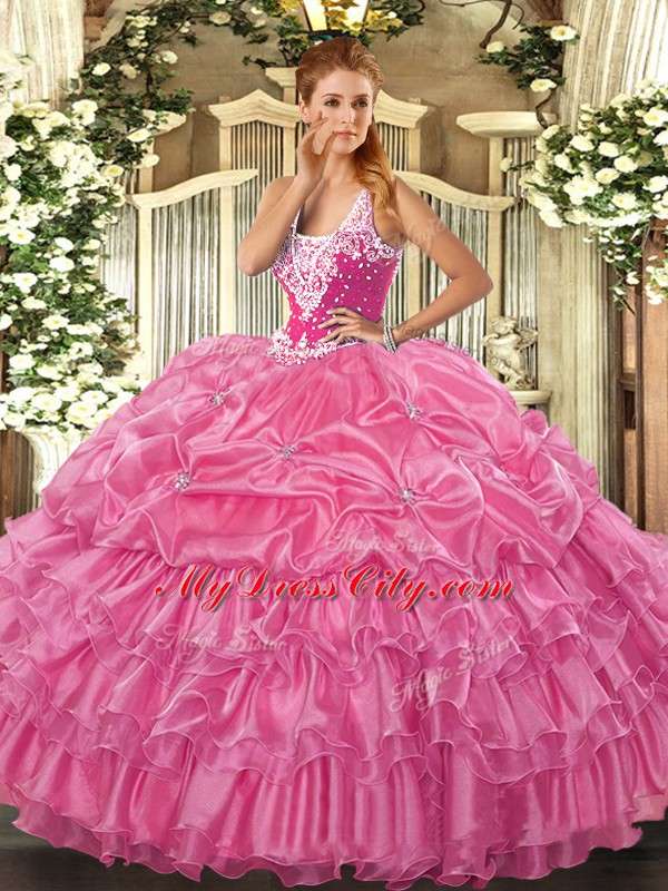 Sleeveless Organza Floor Length Lace Up Quinceanera Dresses in Rose Pink with Beading and Ruffled Layers and Pick Ups