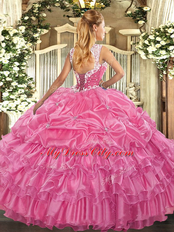 Sleeveless Organza Floor Length Lace Up Quinceanera Dresses in Rose Pink with Beading and Ruffled Layers and Pick Ups