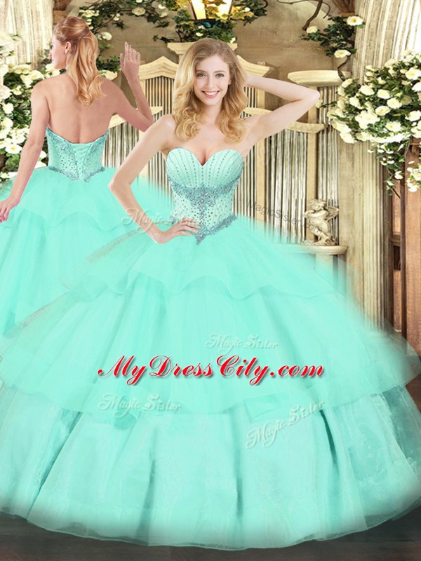 Hot Selling Sleeveless Lace Up Floor Length Beading and Ruffled Layers Ball Gown Prom Dress