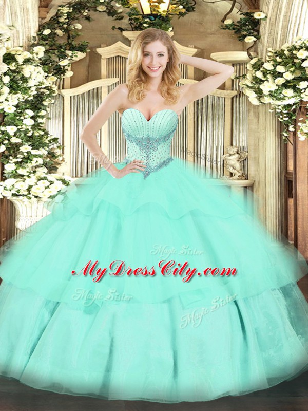 Hot Selling Sleeveless Lace Up Floor Length Beading and Ruffled Layers Ball Gown Prom Dress