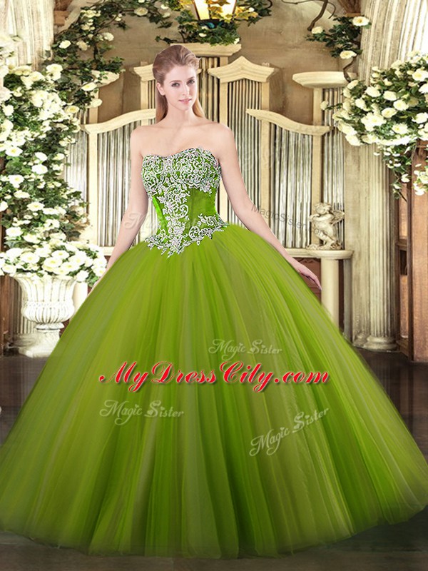 Strapless Sleeveless Lace Up Quinceanera Dress Olive Green Tulle