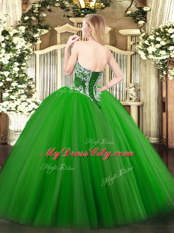 Strapless Sleeveless Lace Up Quinceanera Dress Olive Green Tulle