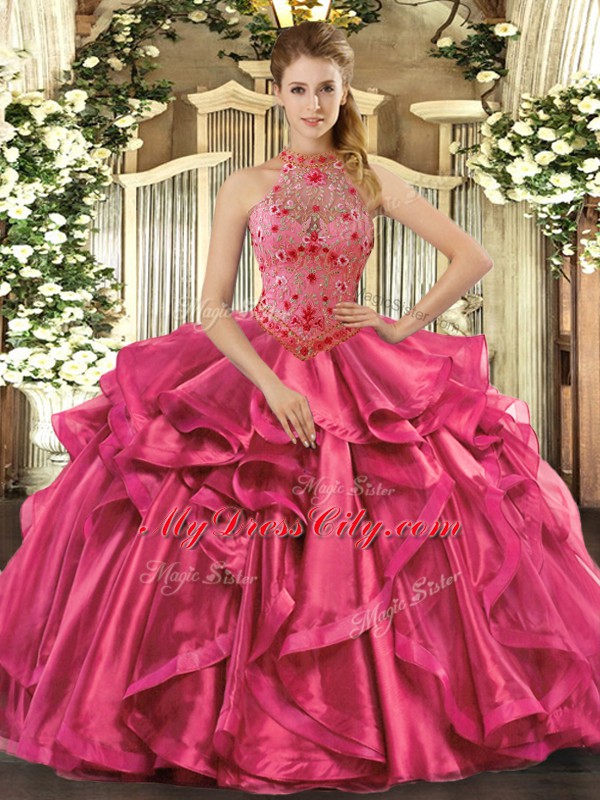 Charming Floor Length Lace Up Quince Ball Gowns Hot Pink for Sweet 16 and Quinceanera with Beading and Embroidery and Ruffles