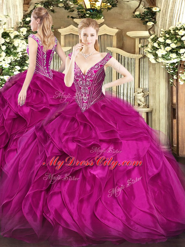 Sexy Floor Length Lace Up Quinceanera Gown Fuchsia for Military Ball and Sweet 16 and Quinceanera with Beading and Ruffles