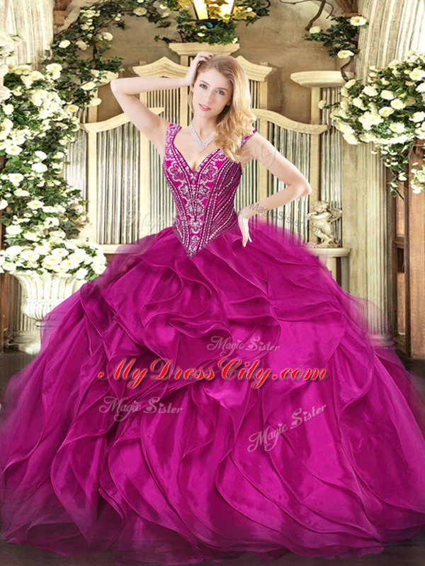 Sexy Floor Length Lace Up Quinceanera Gown Fuchsia for Military Ball and Sweet 16 and Quinceanera with Beading and Ruffles