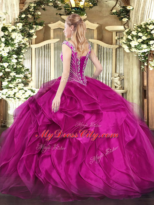 Sexy Floor Length Lace Up Quinceanera Gown Fuchsia for Military Ball and Sweet 16 and Quinceanera with Beading and Ruffles