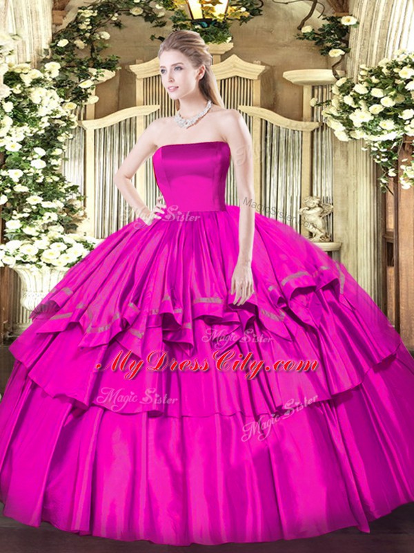 Sleeveless Organza and Taffeta Floor Length Zipper Ball Gown Prom Dress in Fuchsia with Ruffled Layers