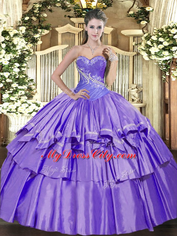 Lavender Sleeveless Floor Length Beading and Ruffled Layers Lace Up Quinceanera Gown