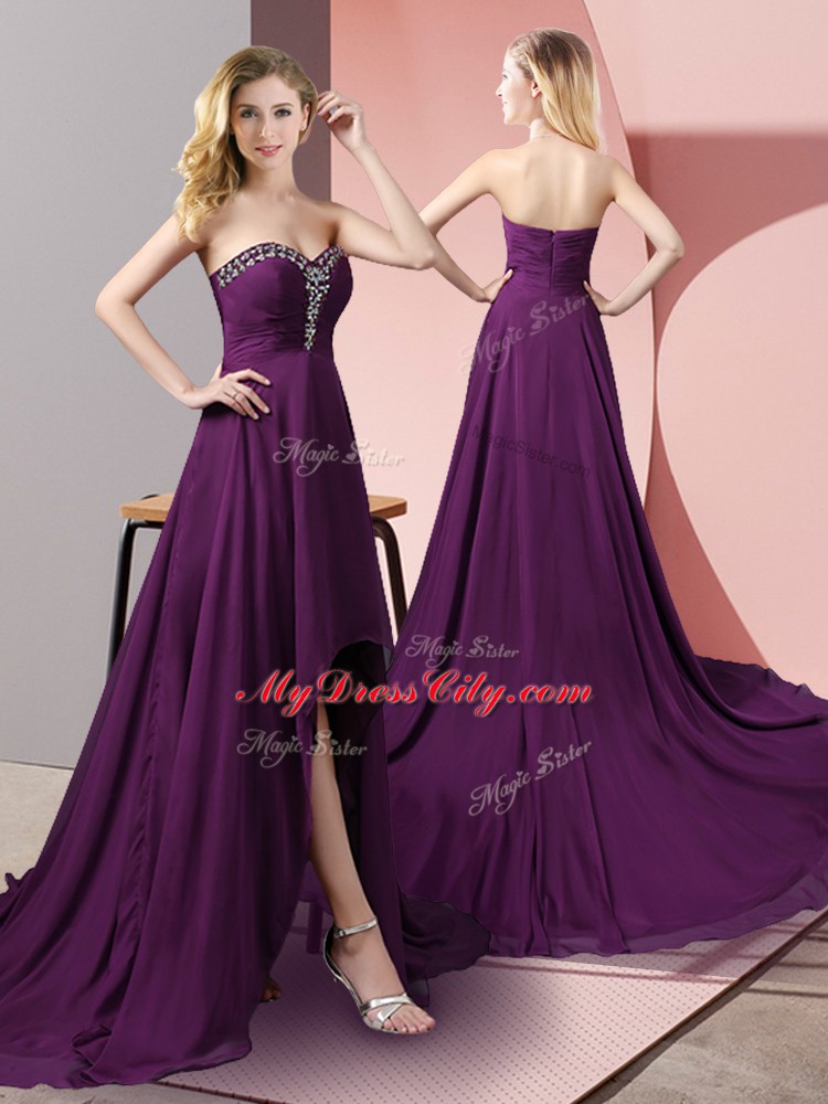 Luxurious Sleeveless Chiffon High Low Zipper Dress for Prom in Purple with Beading