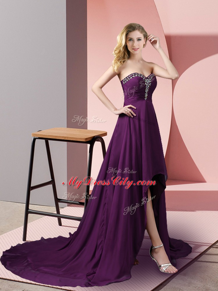 Luxurious Sleeveless Chiffon High Low Zipper Dress for Prom in Purple with Beading