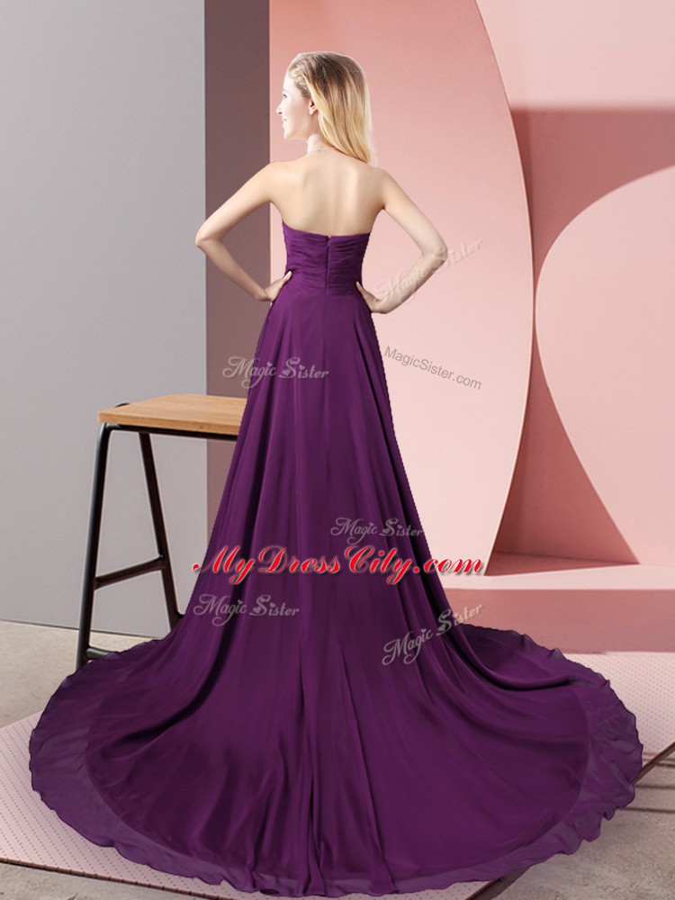 Luxurious Sleeveless Chiffon High Low Zipper Dress for Prom in Purple with Beading