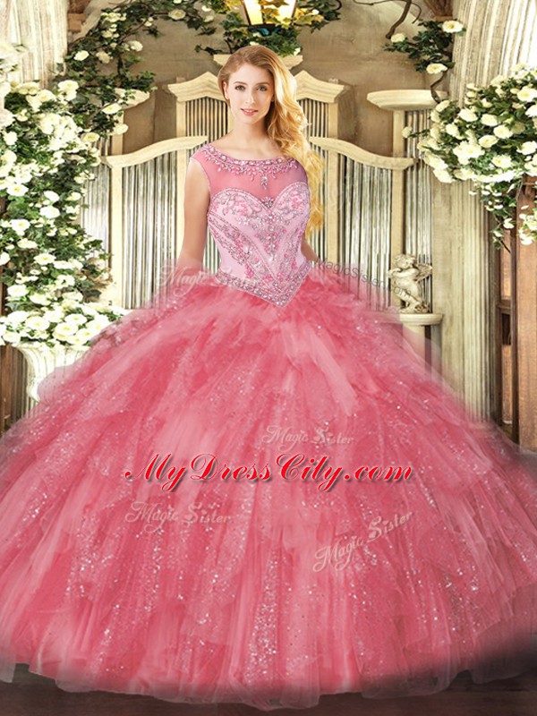 Lovely Scoop Sleeveless Vestidos de Quinceanera Beading and Ruffles Rose Pink Organza