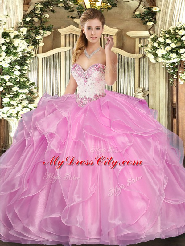 Trendy Organza Sweetheart Sleeveless Lace Up Beading and Ruffles Quince Ball Gowns in Rose Pink