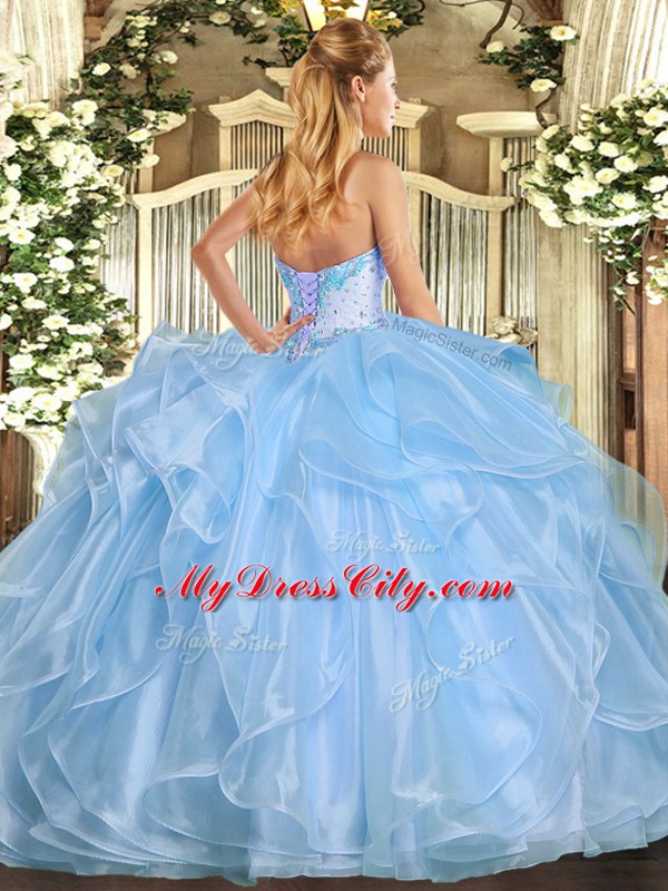 Trendy Organza Sweetheart Sleeveless Lace Up Beading and Ruffles Quince Ball Gowns in Rose Pink