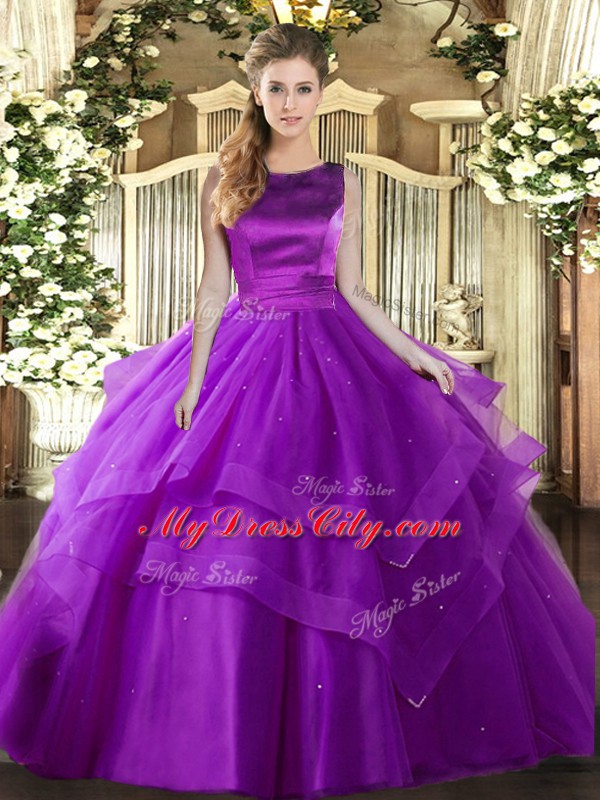 Eggplant Purple Sleeveless Tulle Lace Up 15 Quinceanera Dress for Military Ball and Sweet 16 and Quinceanera