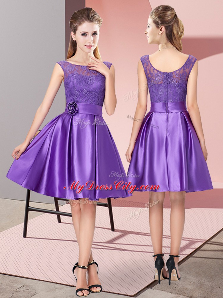 Elegant Purple Bateau Neckline Lace and Hand Made Flower Prom Dress Sleeveless Zipper