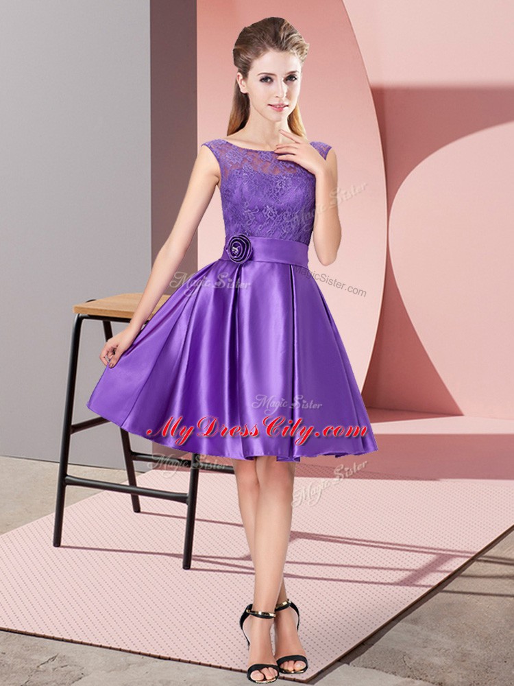 Elegant Purple Bateau Neckline Lace and Hand Made Flower Prom Dress Sleeveless Zipper