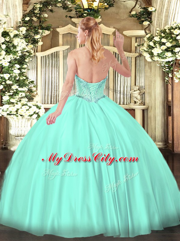 Edgy Apple Green Satin Lace Up Sweetheart Sleeveless Floor Length Sweet 16 Dress Beading