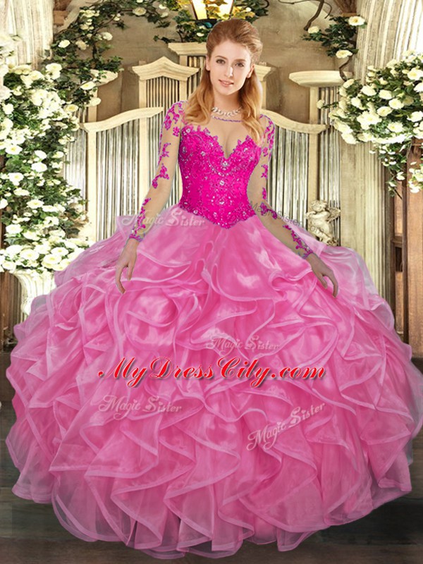 Organza Long Sleeves Floor Length Sweet 16 Dress and Lace and Ruffles