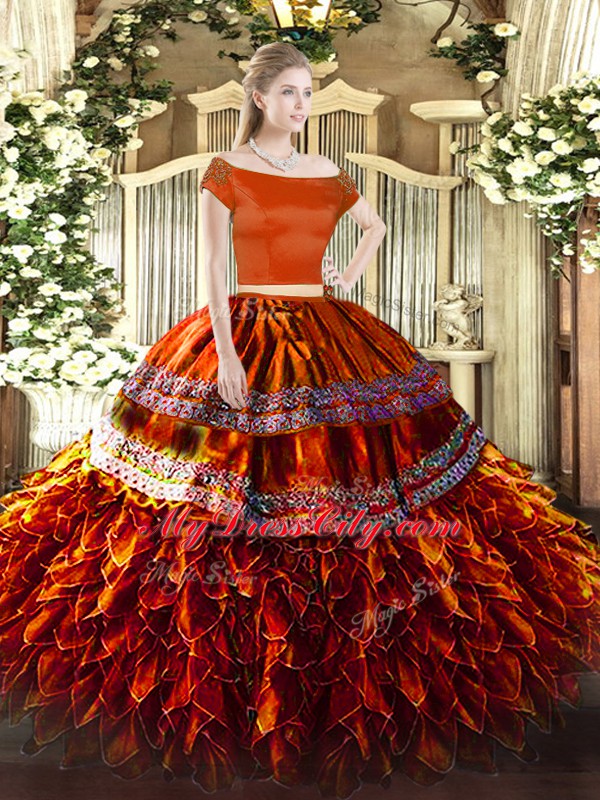 Rust Red Organza Zipper Quinceanera Dresses Short Sleeves Floor Length Ruffles