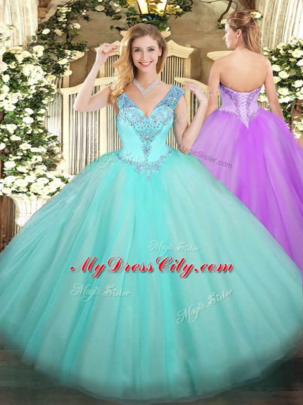 Inexpensive Tulle V-neck Sleeveless Lace Up Beading 15th Birthday Dress in Aqua Blue