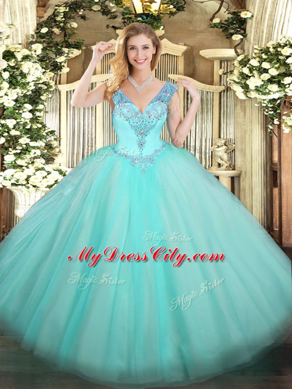 Inexpensive Tulle V-neck Sleeveless Lace Up Beading 15th Birthday Dress in Aqua Blue